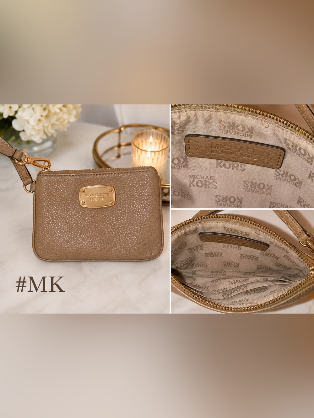 Michael Kors Tan Pebbled Leather Zip Pouch w/Gold Hardware